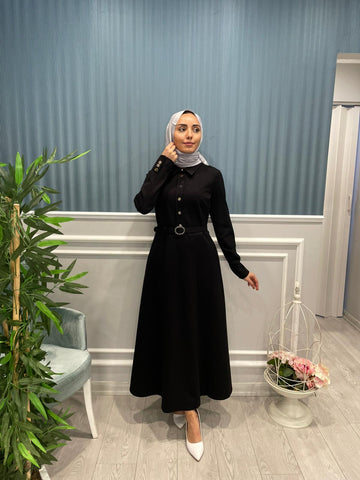 KEMERLİ GÖMLEK YAKA CEPLİ SLİM FİT MİDİ ÖRME ELBİSE