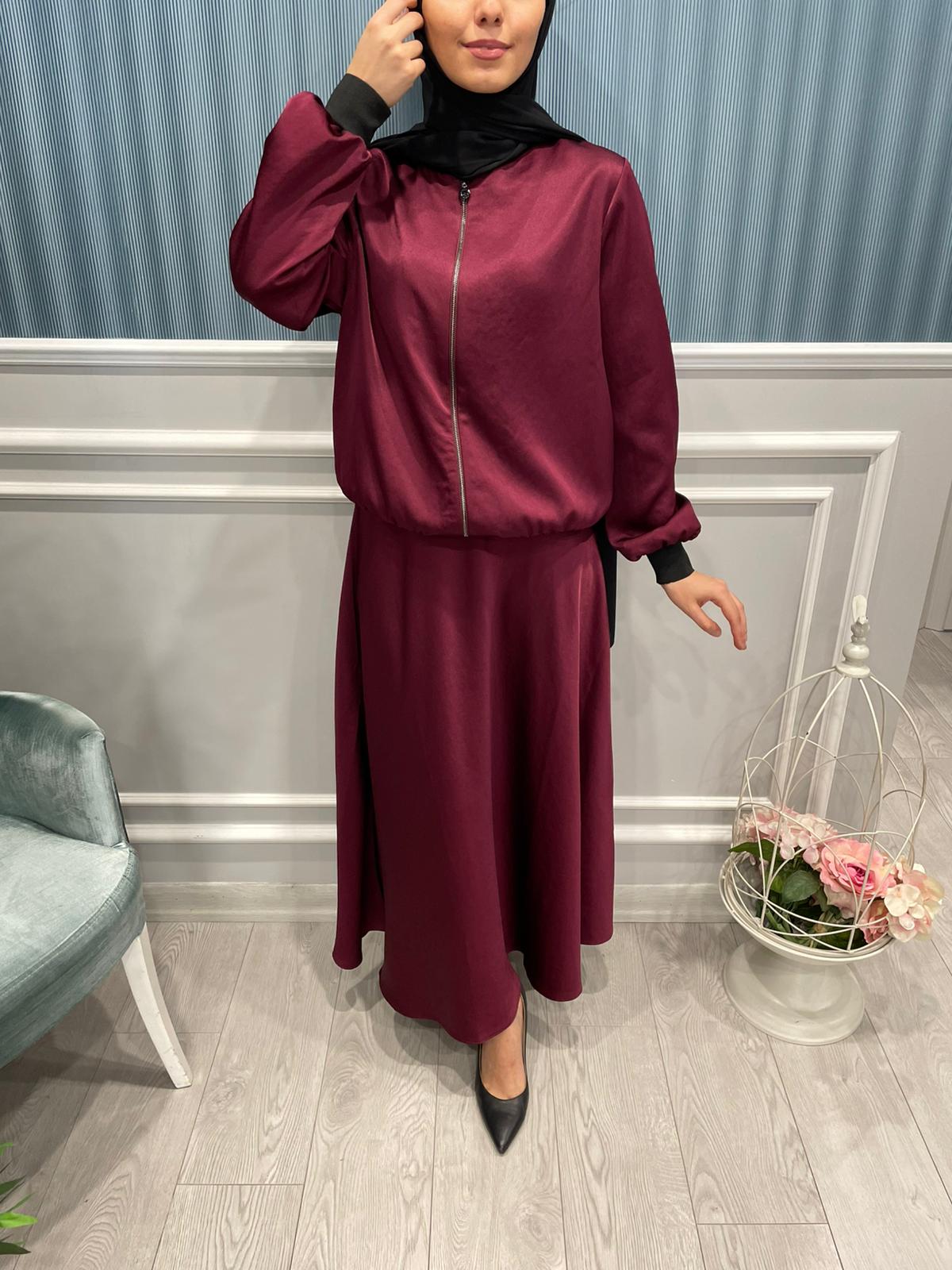 YANDAN FERMUARLI YÜKSEK BEL GROGREN DETAYLI SATEN REGULAR ETEK