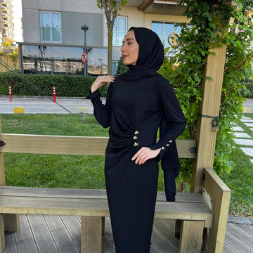 DRAPE ŞIK DÜĞMELİ ELBİSE