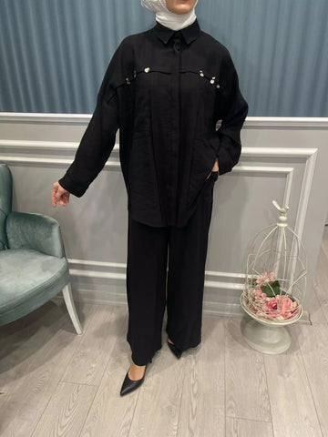 TENCEL GÜMÜŞ PARA İŞLEMELİ ÜSTEN TORBA CEPLİ PANTOLONLU PASİON TAKIM