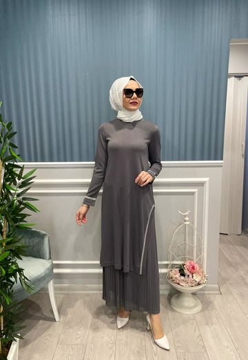 UZUN YANDAN YIRTMAÇLI ŞERİTLİ TUNİK