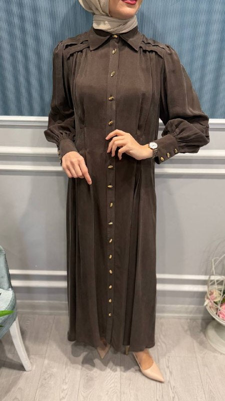 CLANDE BELDEN PENS DETAYLI SEYYAR KEMERLİ KUPRA ELBİSE