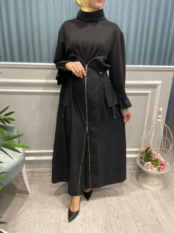 ÖNDEN FERMUAR DETAYLI ELBİSE