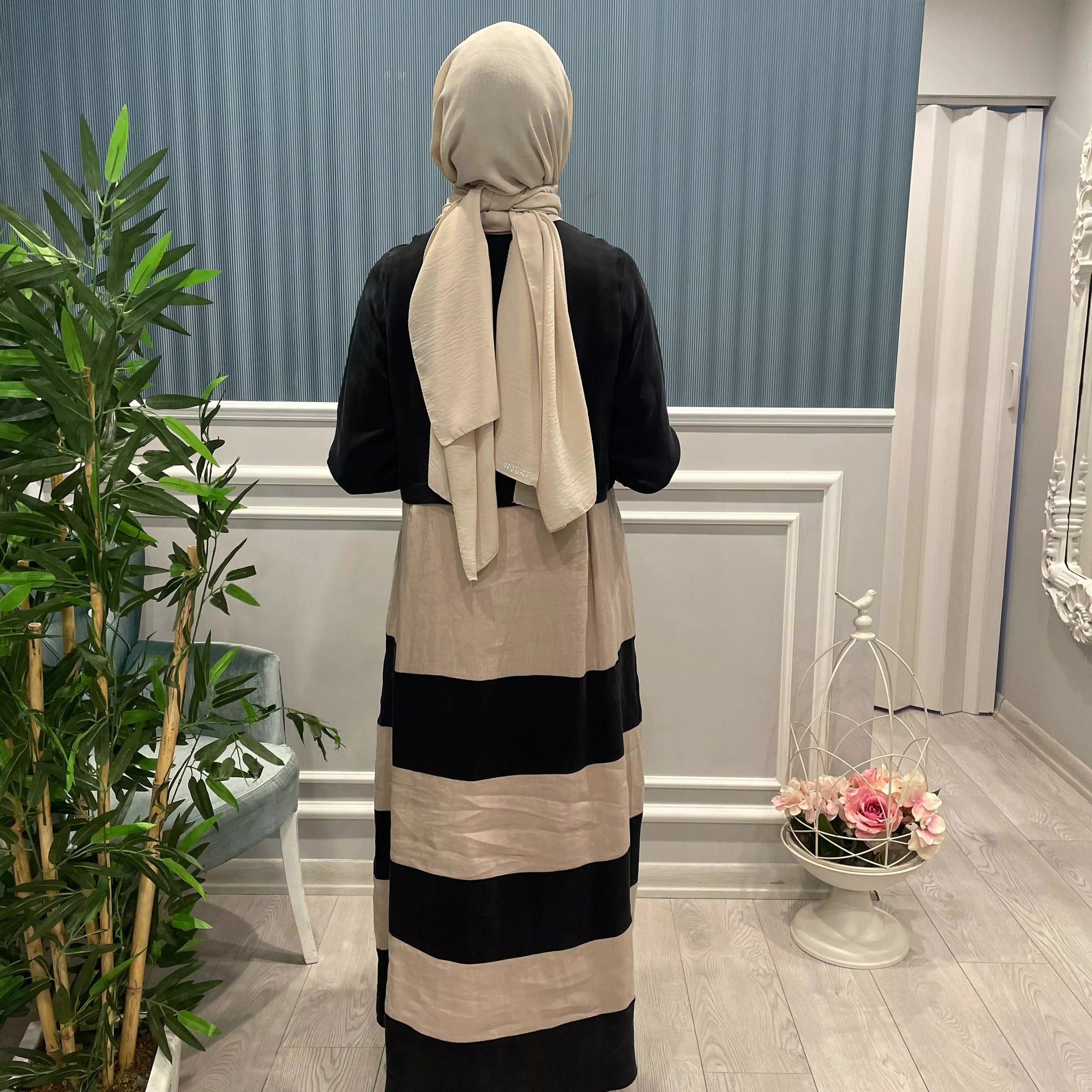 KUPRA KETEN ÇİZGİLİ ELBİSE