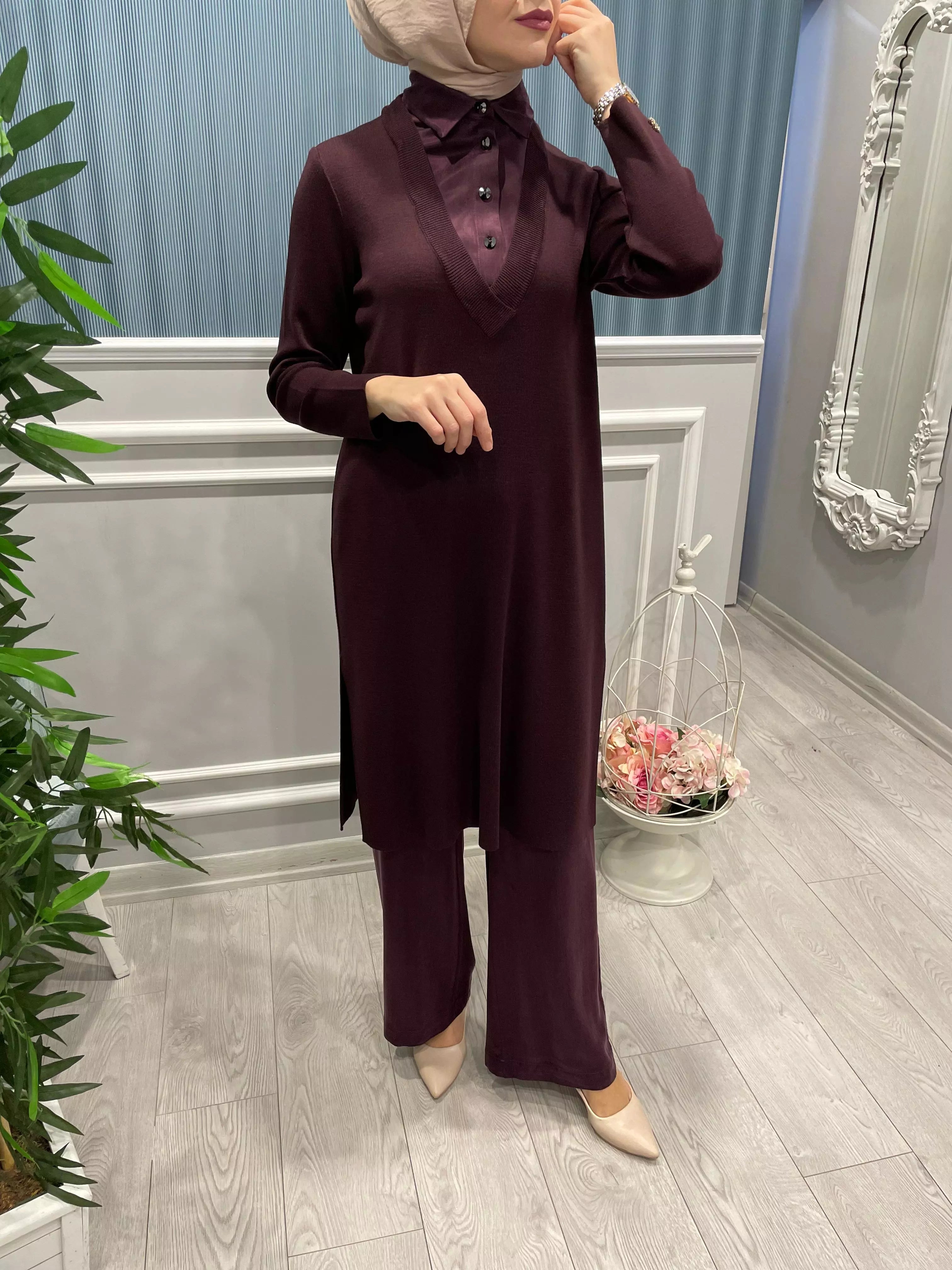 V YAKA GÖMLEK EFEKTLİ TRİKO TUNİK