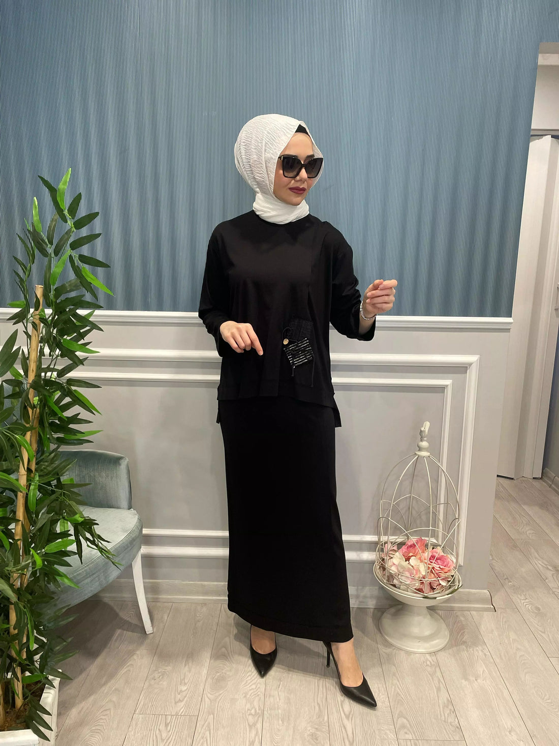 TUNİĞİN ÖNÜ İP YAMA DETAY KAPLAMALI BAMBU ETEKLİ TAKIM