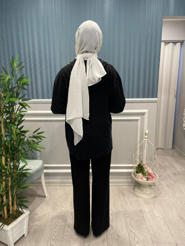 RAYON VE SATEN KUPRA DETAYLI KAPŞONLU PANTOLONLU TAKIM