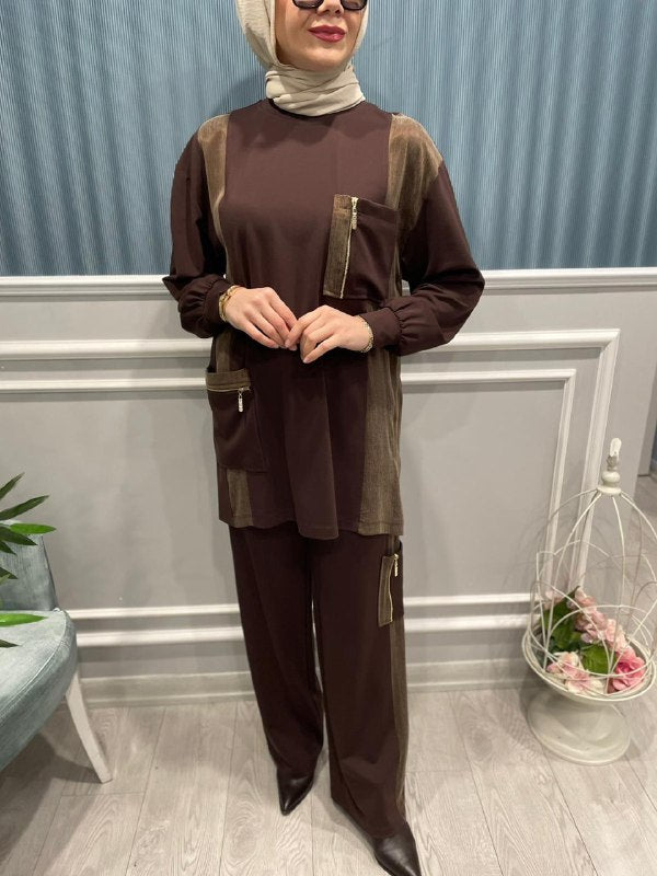 RAYON BÜYÜK CEPLİ SATEN KUPRA DETAYLI PANTOLONLU TAKIM