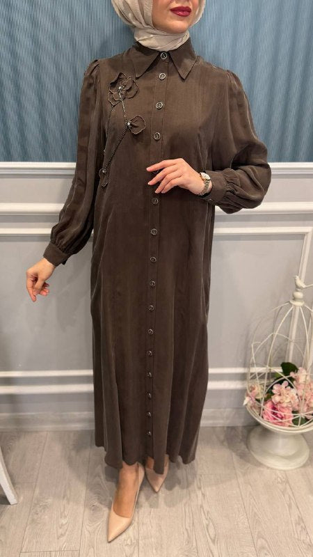 KUPRA İPEK NAKIŞLI APLİKE ELBİSE