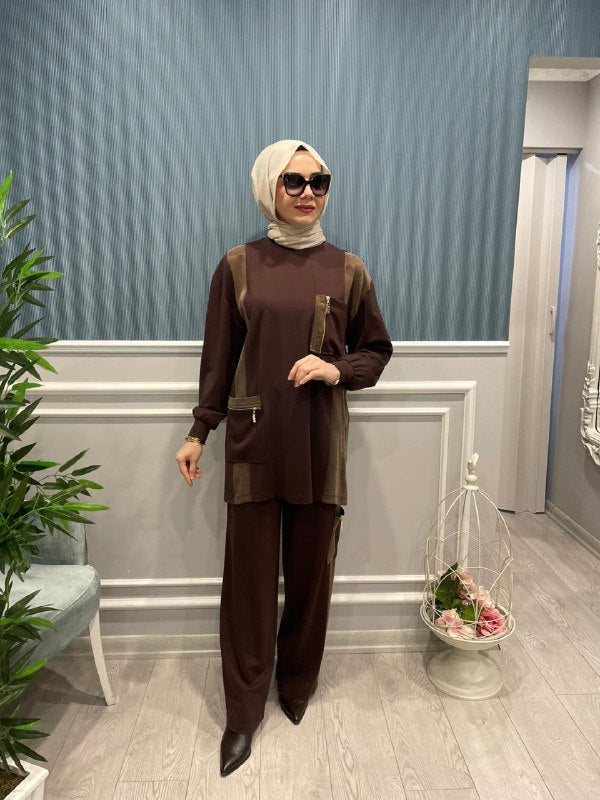 RAYON BÜYÜK CEPLİ SATEN KUPRA DETAYLI PANTOLONLU TAKIM
