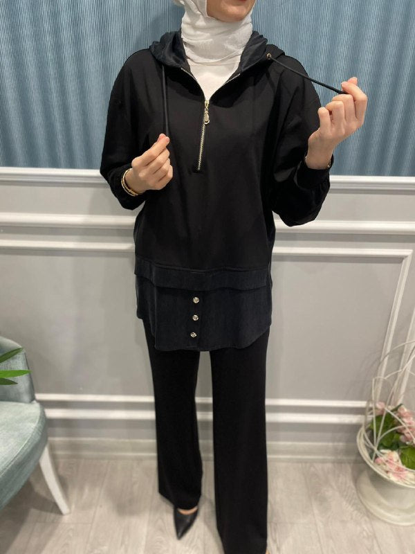 RAYON VE SATEN KUPRA DETAYLI KAPŞONLU PANTOLONLU TAKIM