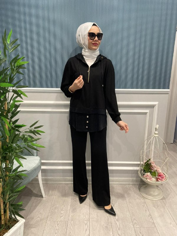 RAYON VE SATEN KUPRA DETAYLI KAPŞONLU PANTOLONLU TAKIM