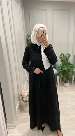 Önkolları Taşlı Keten Ferace -Vavel Butik