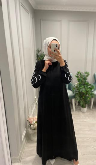 Kolları Desenli Lastikli Ferace -Vavel Butik