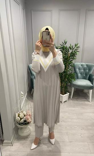 Yırtmaçlı Önü Örgü Model V Yaka Bluz -Vavel Butik