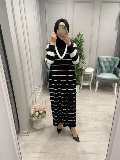 İçi Astarlı V Yaka Çizgili Elbise -Vavel Butik