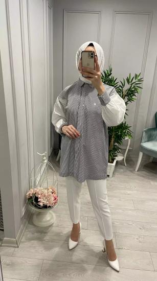 Taşlı Çizgili Gömlek-Vavel Butik