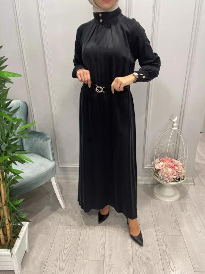Dik Yaka Beli Kuşaklı Saten İpek Elbise -Vavel Butik