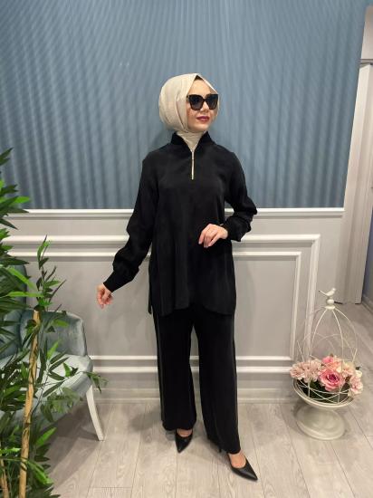 Şerit Ve Fermuar Detaylı Kupra İpek Bluz -Vavel Butik