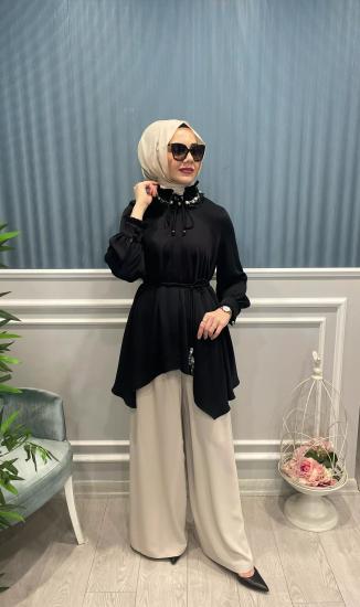 Dik Yaka Boncuk İşlemeli Gömlek -Vavel Butik