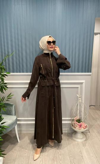 Önden Fermuarlı Kolları Yırtmaj Beli Büzgülü Cep Detaylı Kupra İpek Kap -Vavel Butik