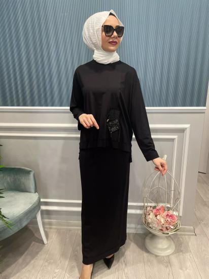 Tuniğin Önü İp Yama Detaylı Kaplamalı Bambu Etekli Takım -Vavel Butik