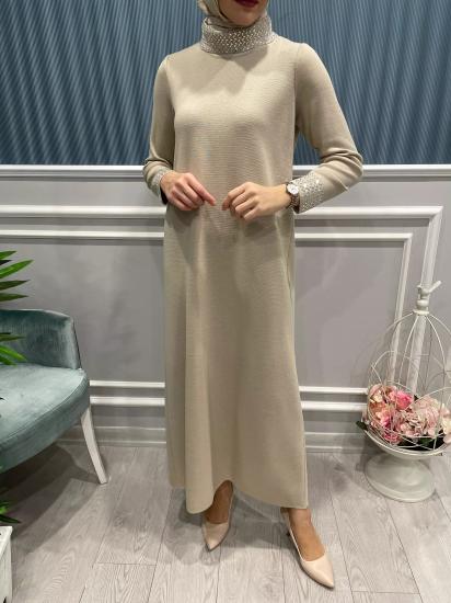 Yakası ve Bileği Taş Detaylı Triko Elbise -Vavel Butik