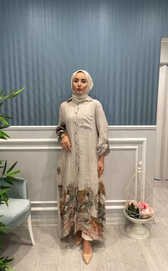 Keten Uzun Desenli Gömlek -Vavel Butik