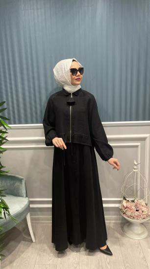 İç Elbisesi Önden Baskı Düğmeli Kısa Ceketli Elbise Takım -Vavel Butik