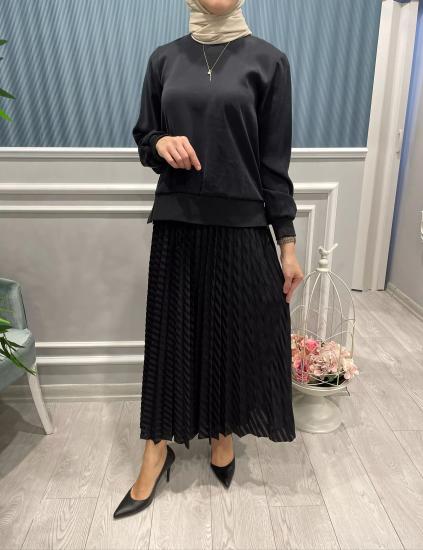 Kadife Geçişli Pilise Etek -Vavel Butik