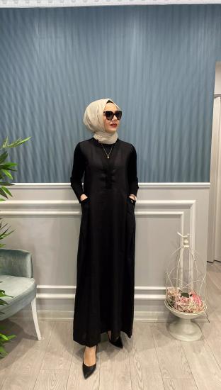 Önü Keten Büyük Cepli Elbise -Vavel Butik