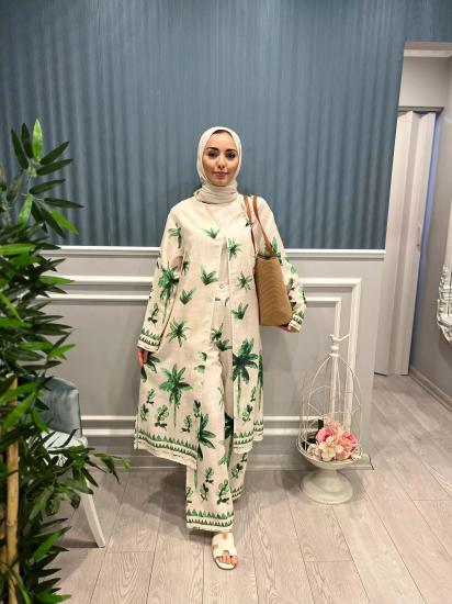 Keten Üç Parça Desenli Takım -Vavel Butik