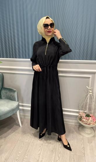 Yakası Kolları Fermuarlı Beli Büzgülü Kupra Elbise -Vavel Butik