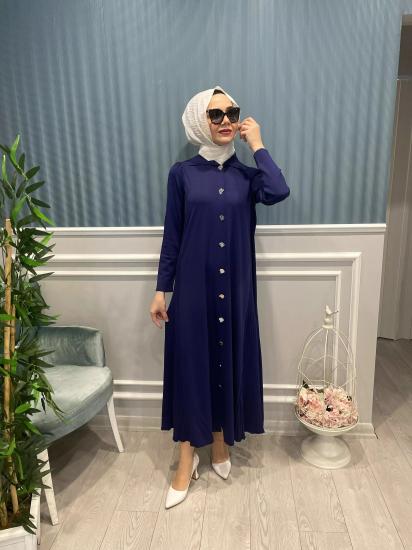 Merserize Önden Düğmeli Yakalı Elbise -Vavel Butik