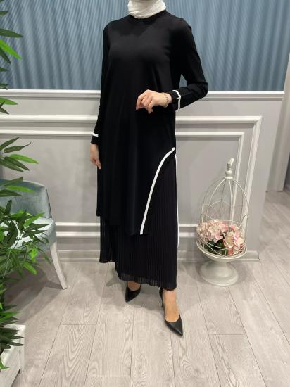 Uzun Yandan Yırtmaçlı Beyaz Şeritli Tunik -Vavel Butik