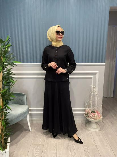Keten Düğme Detaylı Ceket -Vavel Butik