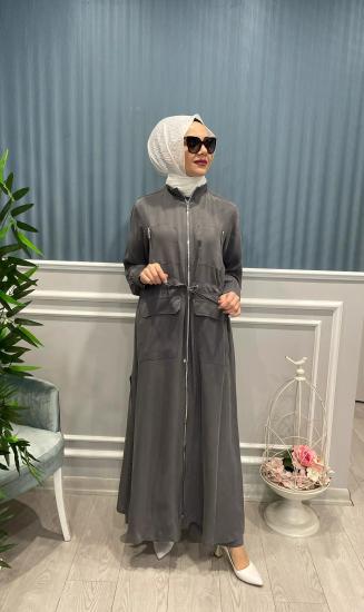 Önden Fermuarlı Beli Büzgülü Cep Detaylı Kupra İpek Kap -Vavel Butik