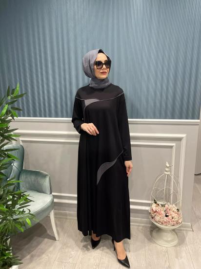 Garni Apara Biye Detaylı Uzun Kollu Bambu Elbise -Vavel Butik