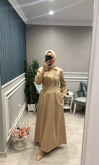 Önü Yarım Fermuarlı İşlemeli Elbise -Vavel Butik