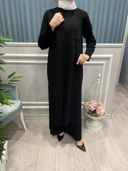 Üç Çepli Kolları Düğme Detaylı Yandan Yırtmaçlı Önden Düğmeli Hırka -Vavel Butik