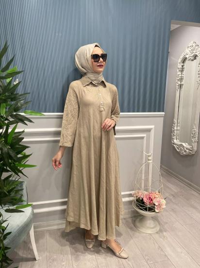 Volanlı Asimetrik Kesim Keten Elbise -Vavel Butik