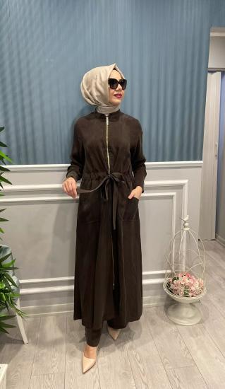 Fermuarlı Önden Büyük Cepli Belden Kuşak Büzgülü Kupra İpek Kap -Vavel Butik