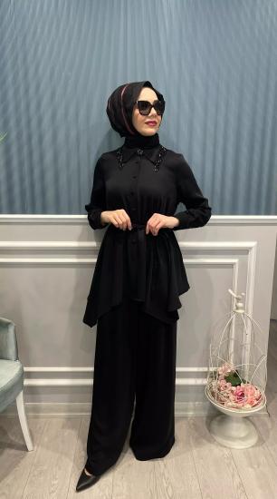 Yakası Boncuk İşlemeli Beli Biye Kemerli Soft Gömlek -Vavel Butik