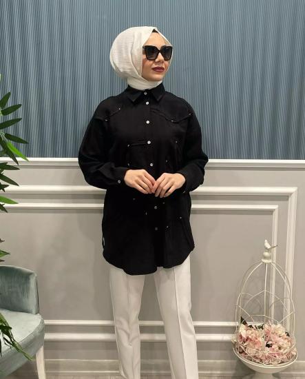 Önü İşlemeli Kupra Gömlek -Vavel Butik