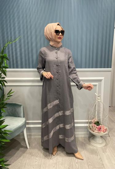 Keten Önden Düğmeli Yanları Cepli Elbise -Vavel Butik