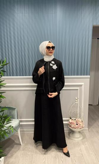 Beyaz Dantel Çiçekli Önü Nervür Detaylı Pasion Ceket Elbise -Vavel Butik