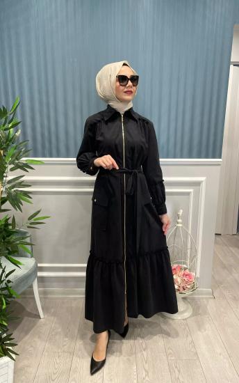 İpek Poplin Önden Tam Boy Fermuarlı Elbise -Vavel Butik