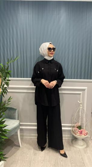 Tencel Gümüş Para İşlemeli Üsten Torba Cepli Pantolonlu Pasion Takım -Vavel Butik