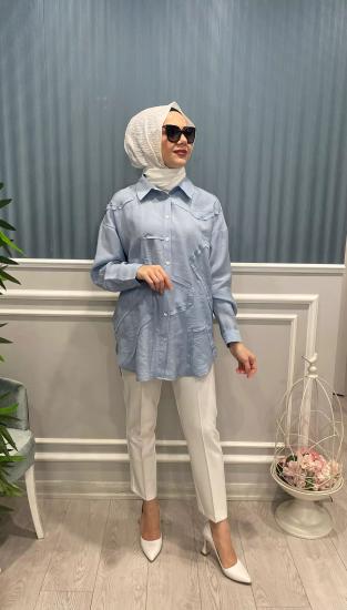 Önü İşlemeli Kupra Gömlek -Vavel Butik