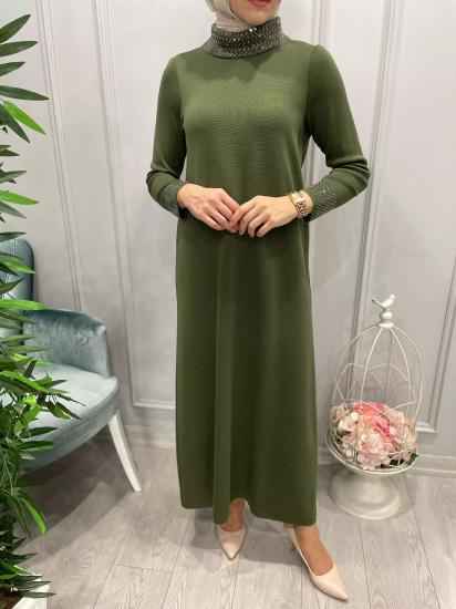 Yakası Ve Bileği Taş Detaylı Triko Elbise -Vavel Butik
